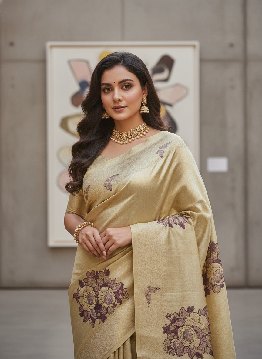 Yellow Kanchipuram Silk Saree With Butta Design| AS-00148