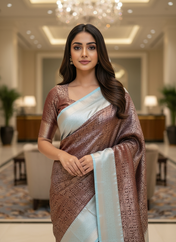 Brown Kanchipuram Silk Saree With Butta Design| AS-00128