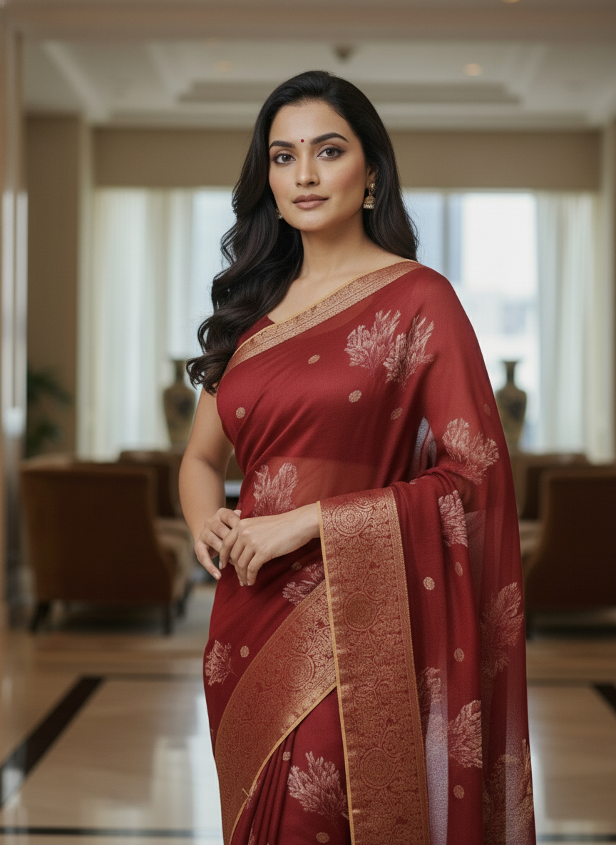 Blue  Floral Printed Chiffon Saree with Border| AS-00101