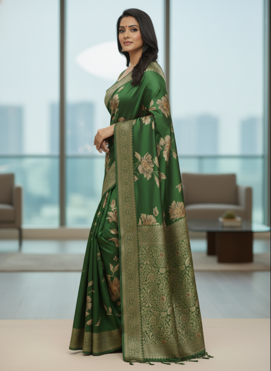 Rani pink  Floral Printed Chiffon Saree with Border| AS-00106