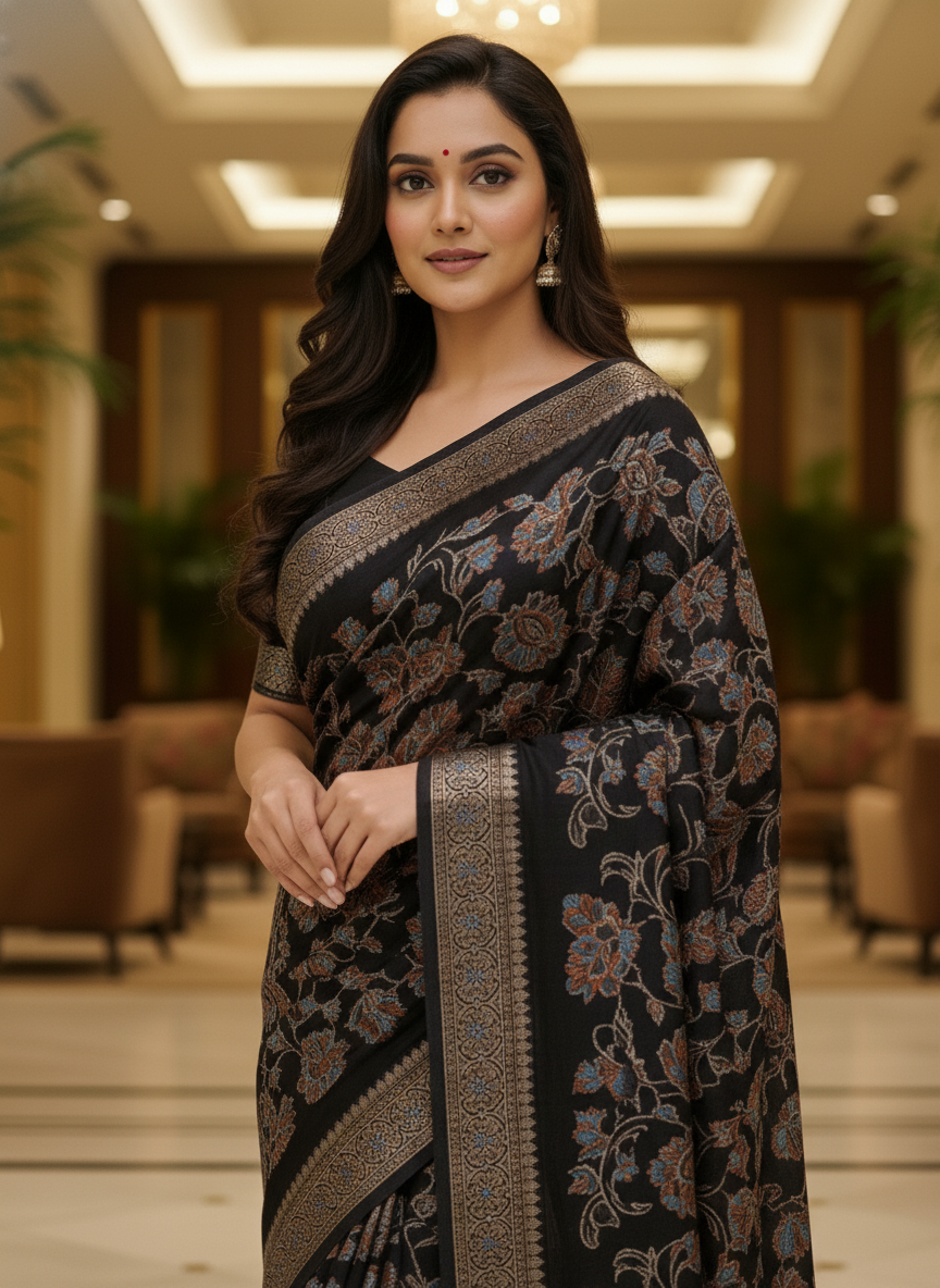 Peacock blue Multicolor Saree with Pattern Print | AS-00108