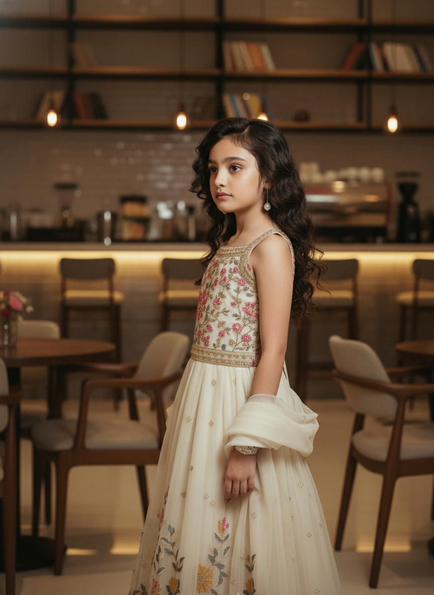 Girls' Cream Floral Anarkali Gown | 3009