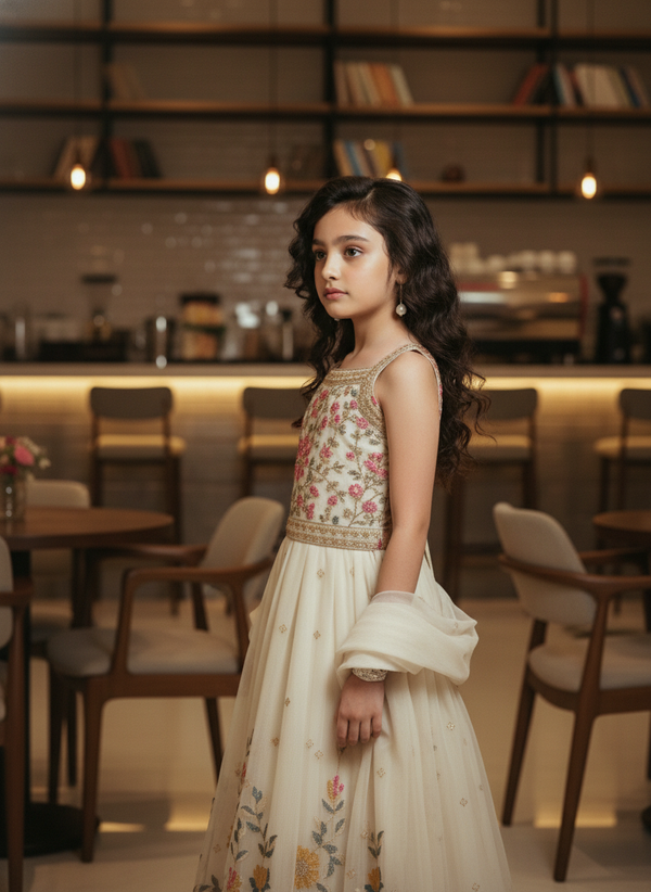 Girls' Cream Floral Anarkali Gown | 3009