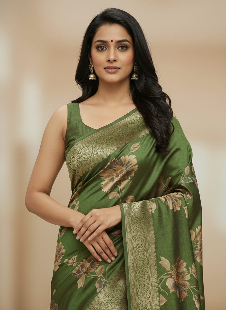 Rani pink  Floral Printed Chiffon Saree with Border| AS-00106