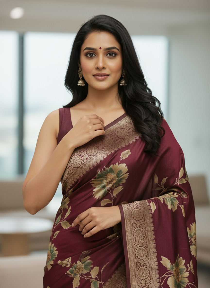 Rani pink  Floral Printed Chiffon Saree with Border| AS-00106