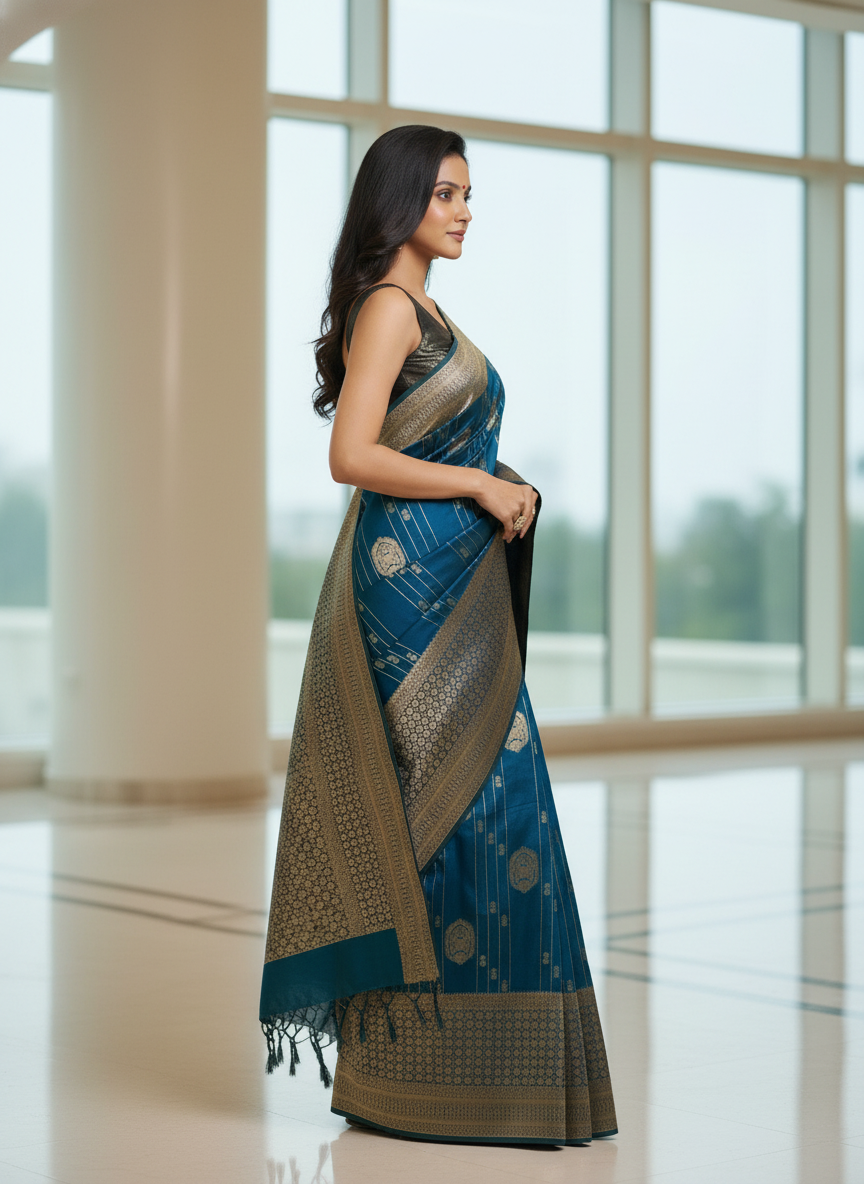 Navy Semi Silk Saree with Woven Border| AS-00247