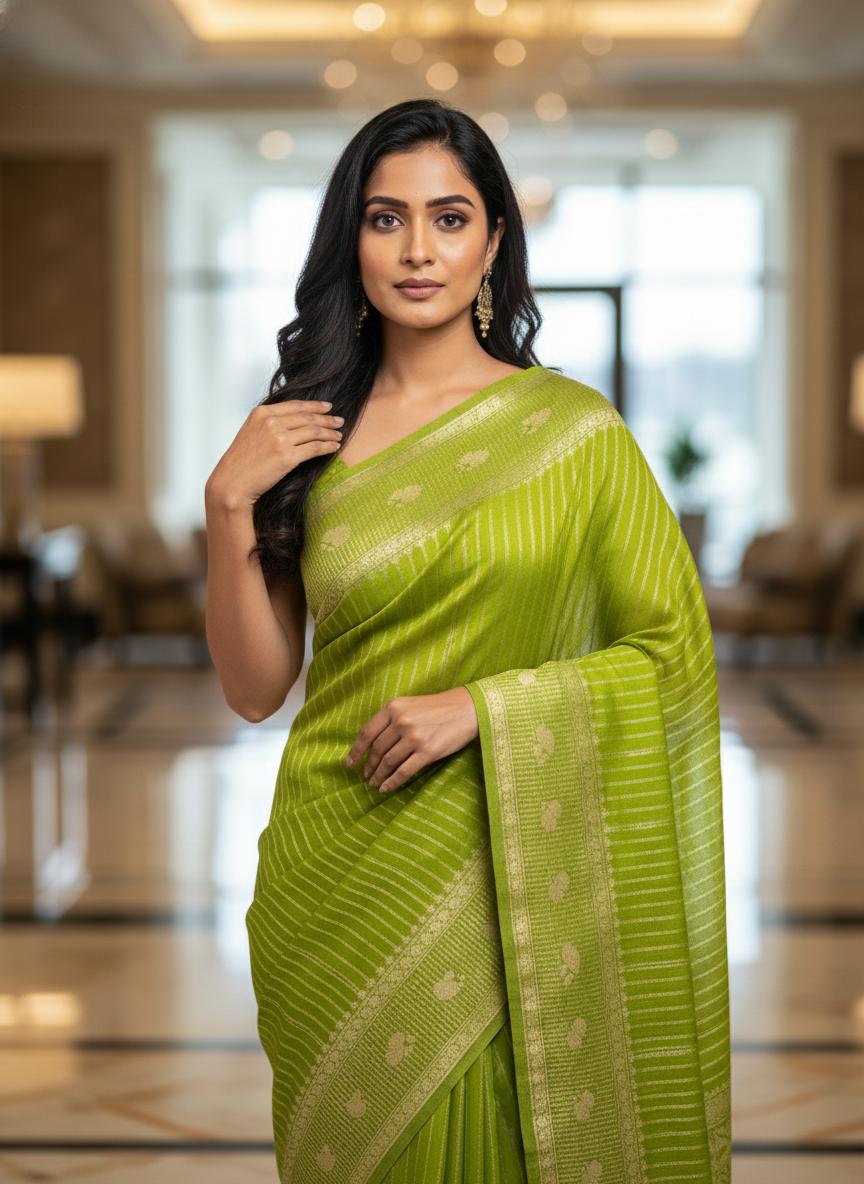 Rama green Silk Saree with Woven Border| AS-00241