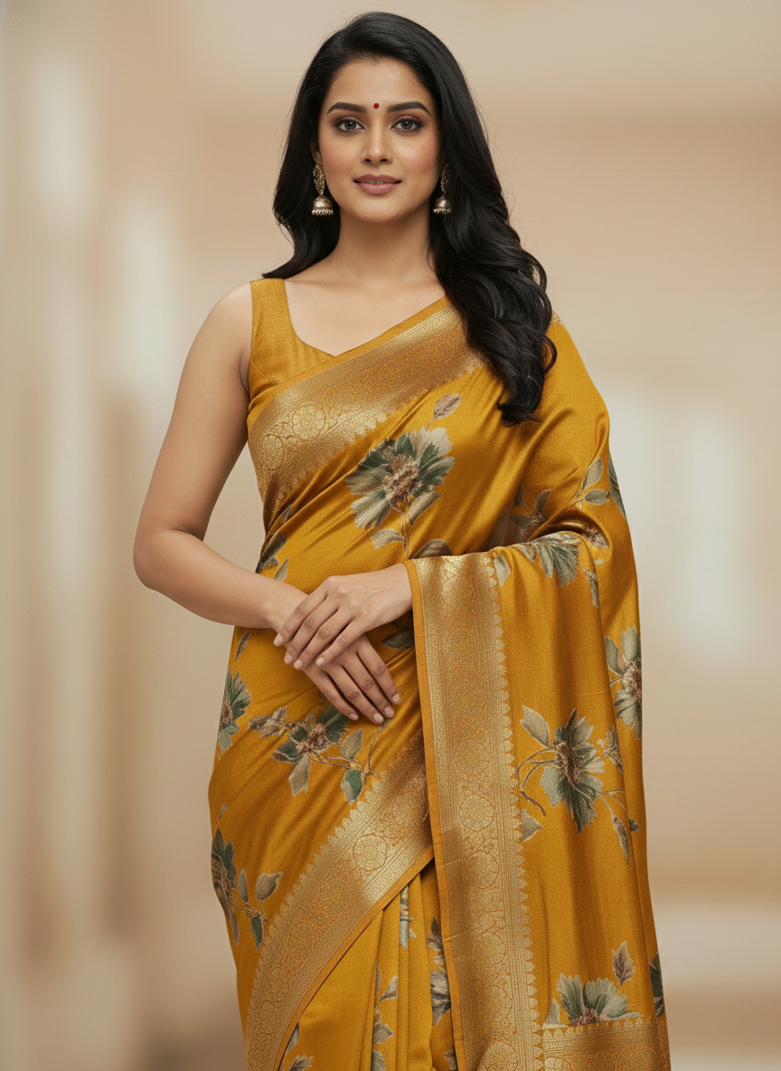 Rani pink  Floral Printed Chiffon Saree with Border| AS-00106