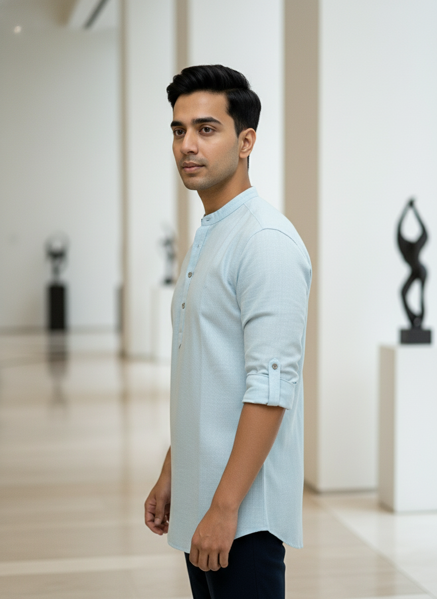 Men's Textured Cotton Short Kurta | Roll-Up Sleeves | 162
