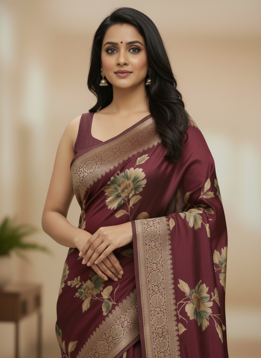 Rani pink  Floral Printed Chiffon Saree with Border| AS-00106