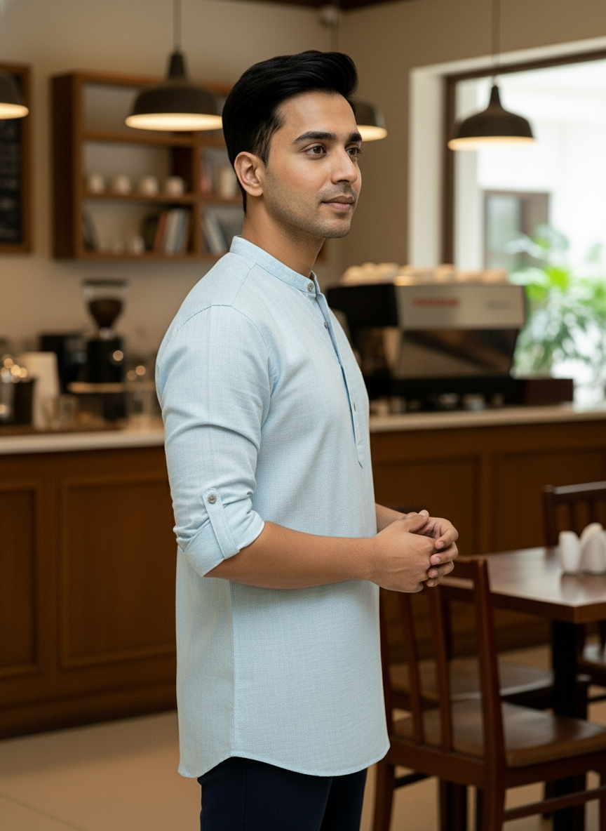 Men's Textured Cotton Short Kurta | Roll-Up Sleeves | 162