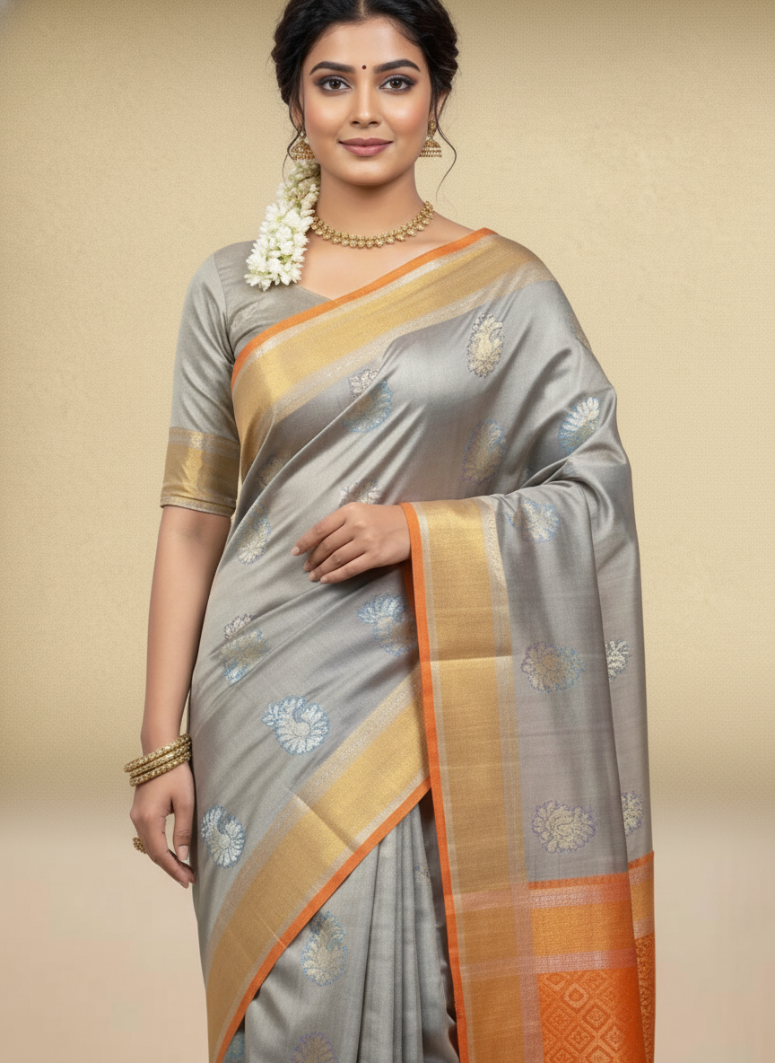 Grey Pure Kancheepuram Silk Saree |AS-0067