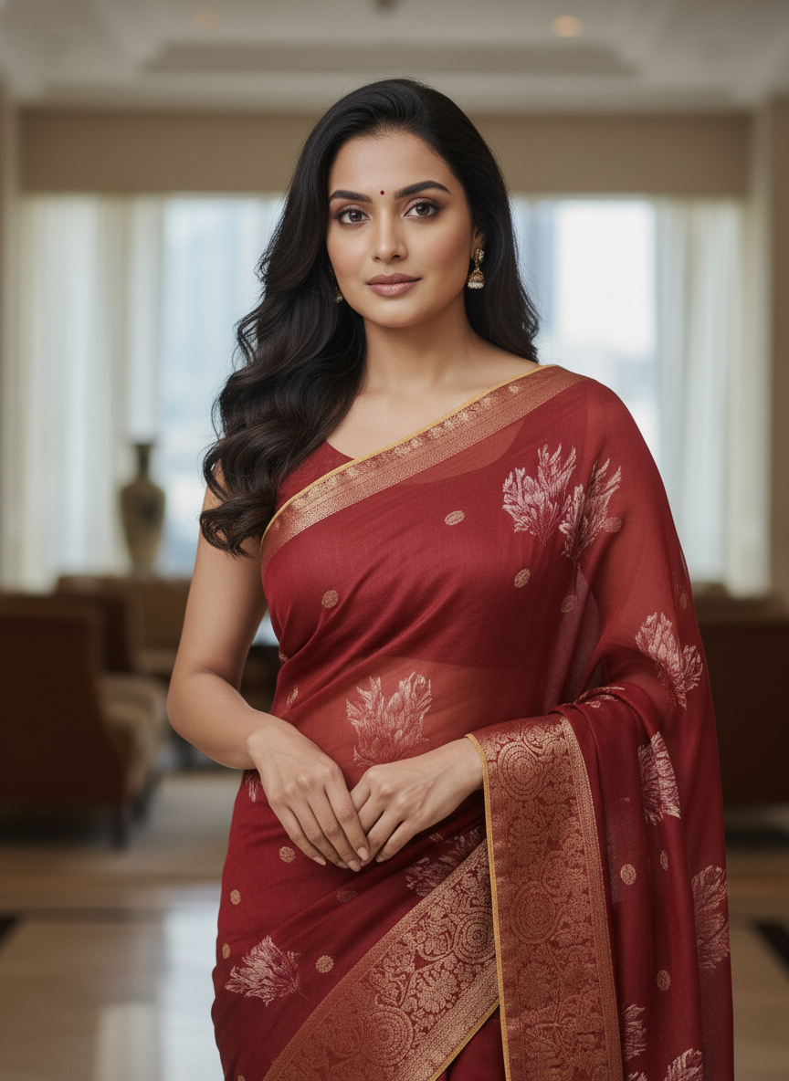 Blue  Floral Printed Chiffon Saree with Border| AS-00101