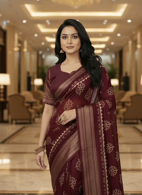 Maroon Floral Printed Chiffon Saree with Border| AS-00103
