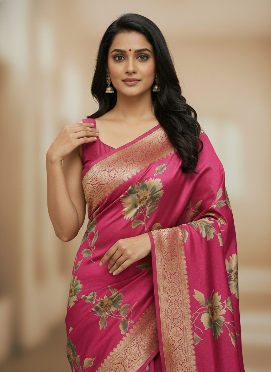 Rani pink  Floral Printed Chiffon Saree with Border| AS-00106