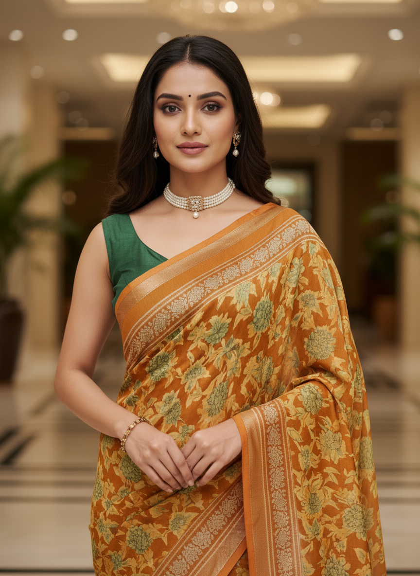 Green Multicolor Saree with Pattern Print | AS-00110