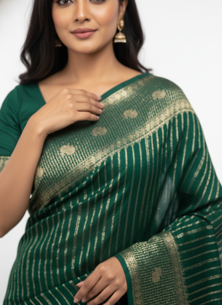 Rama green Silk Saree with Woven Border| AS-00241