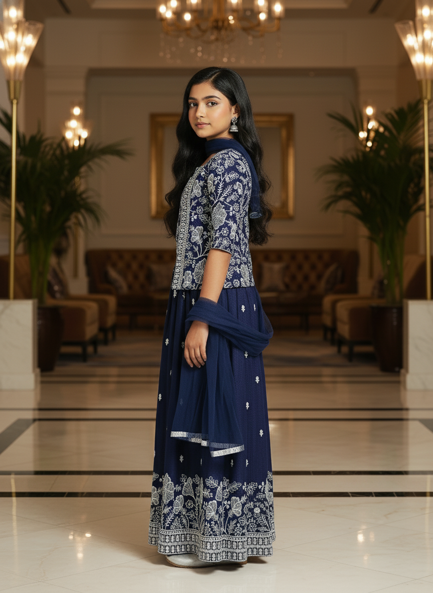 Navy Blue Embroidered Palazzo Set with Dupatta For Girls|AS-K8