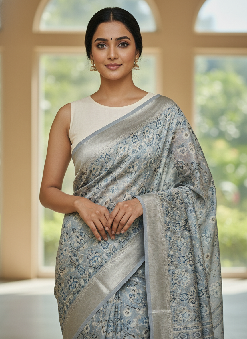 Emerald mustard Printed Soft chiffon Saree | AS-0090