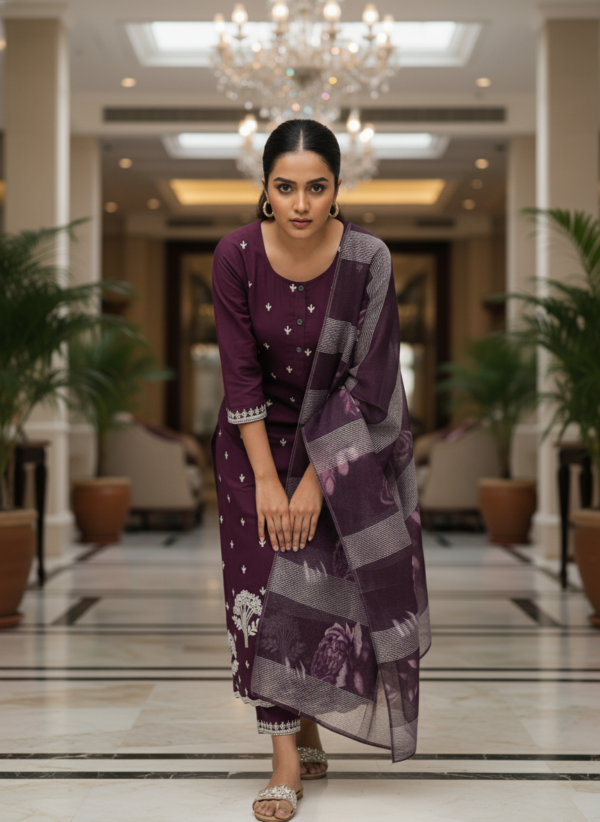 Elegant wine Kurta Set with Banarasi Dupatta| AS-00191