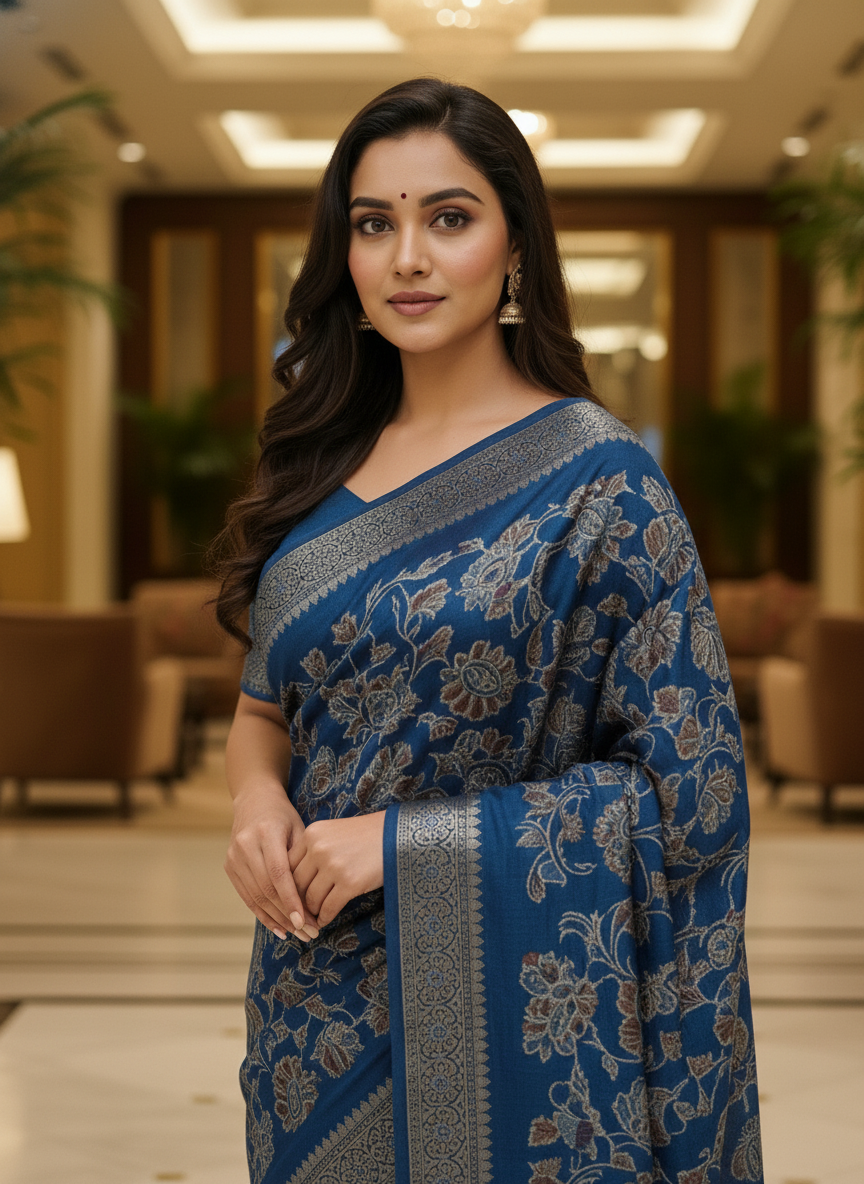 Peacock blue Multicolor Saree with Pattern Print | AS-00108