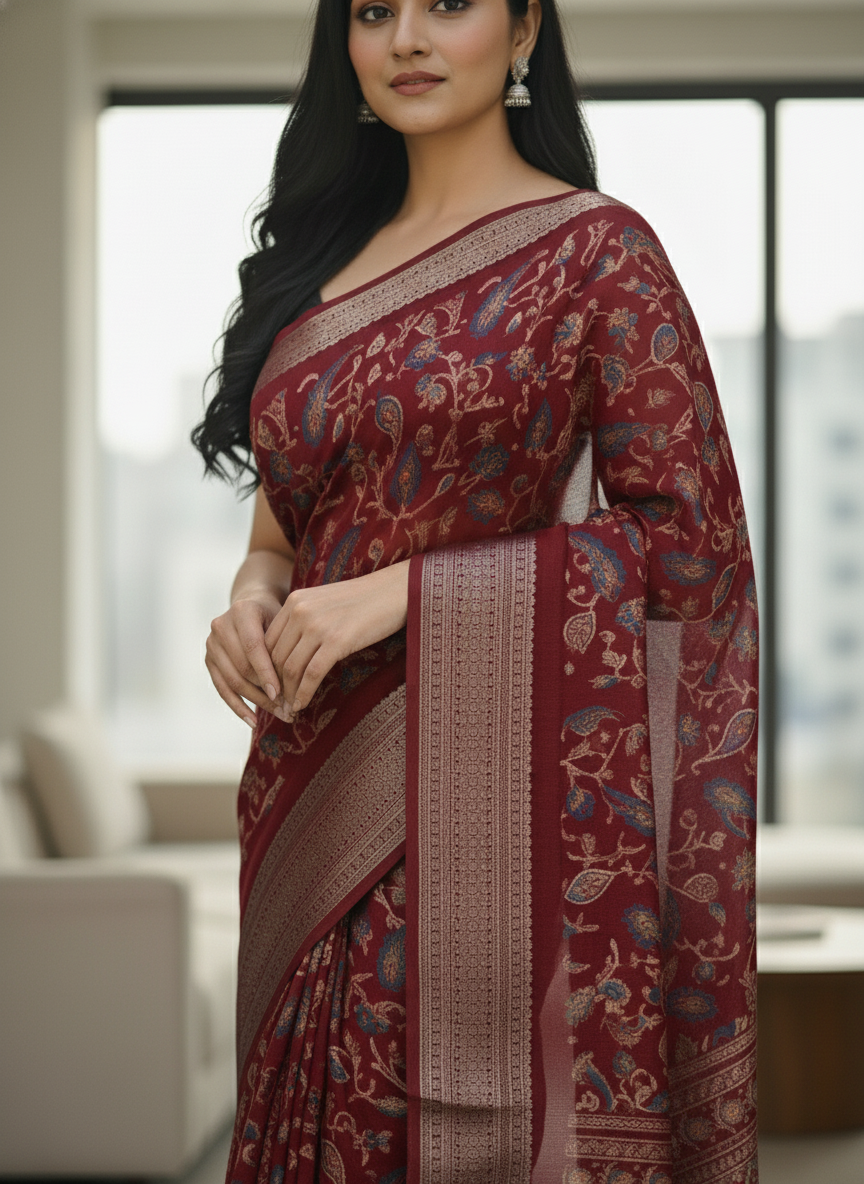 Navy Blue Floral Printed Chiffon Saree with Border| AS-00105