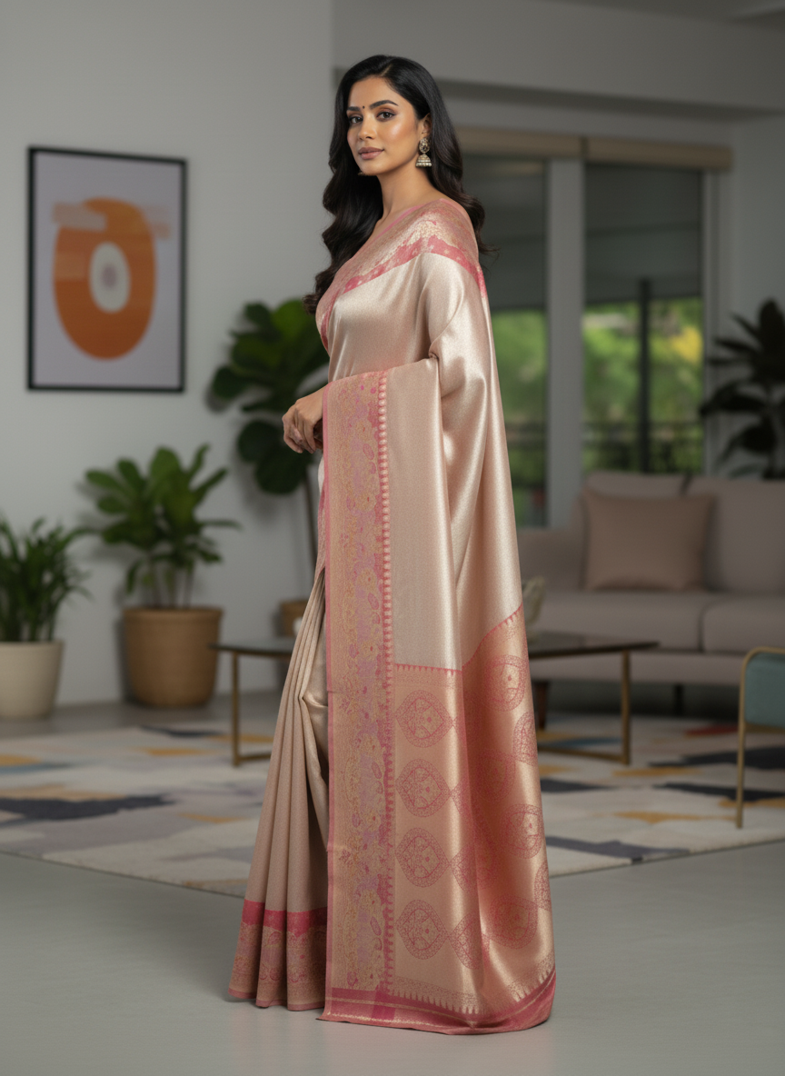 Beige  Kanchipuram Silk Saree With Butta Design| AS-00141