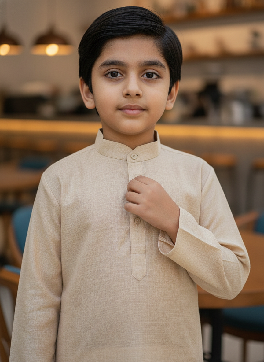 Beige Solid Kurta with white Pajama Set For Boys | AS-K2