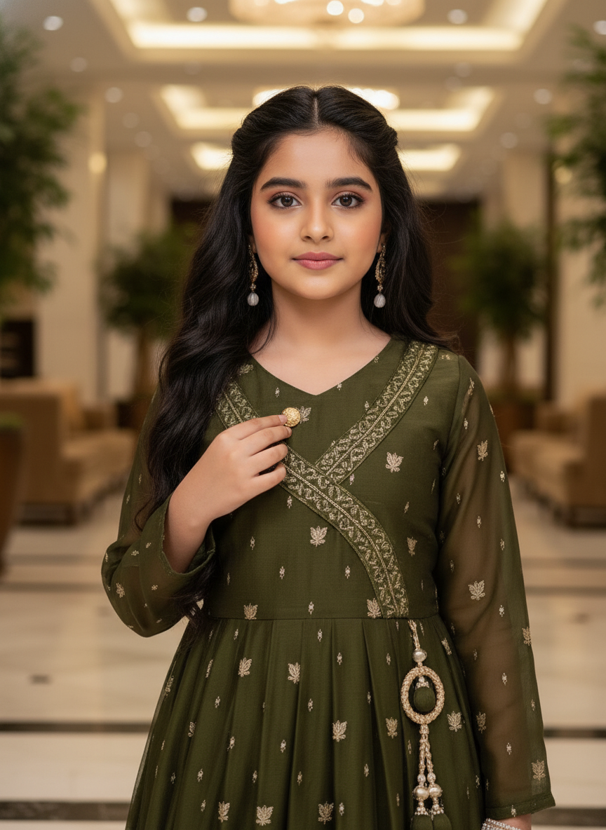 Classic mehandi Embroidered Ethnic Gown For Girls|AS-K10