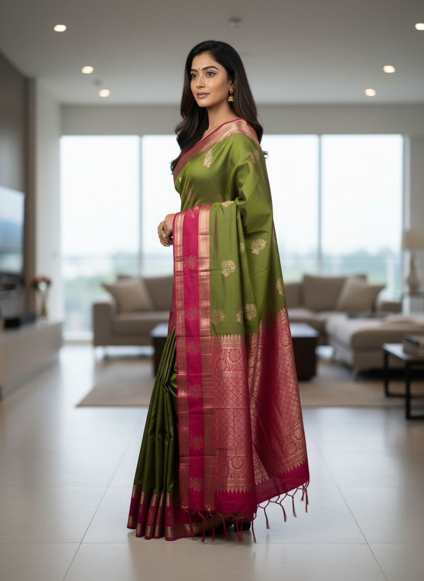 Mehandi Kanchipuram Silk Saree With Butta Design| AS-00120