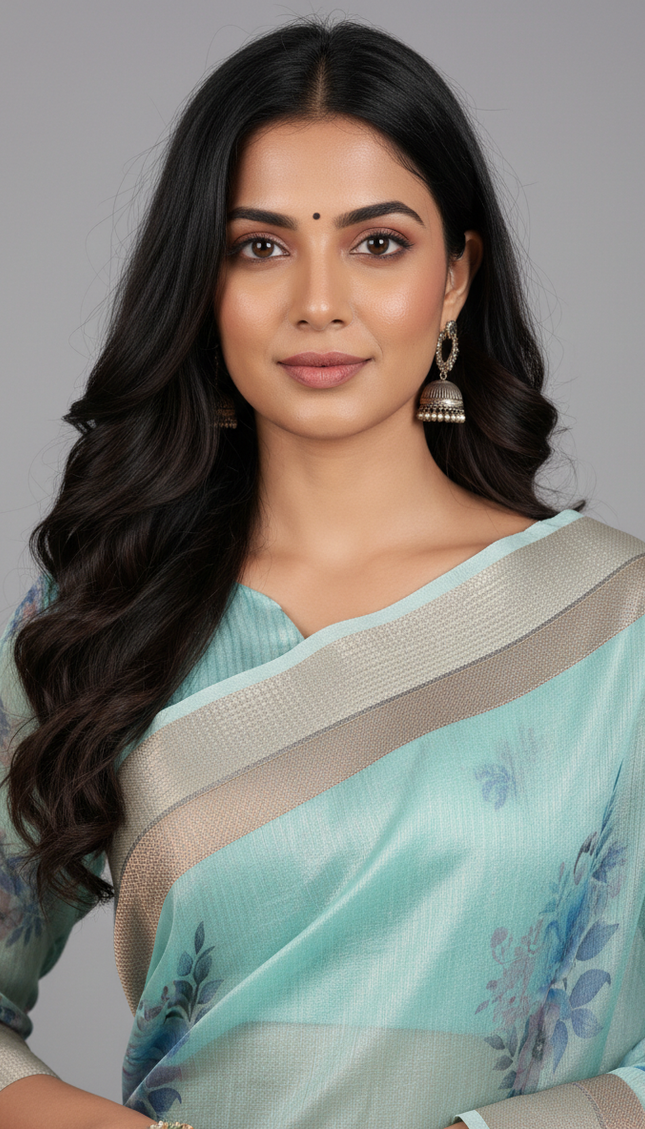 Aqua Blue Designer Organza Tissue Silk Floral Print Saree with Blouse |DS26|