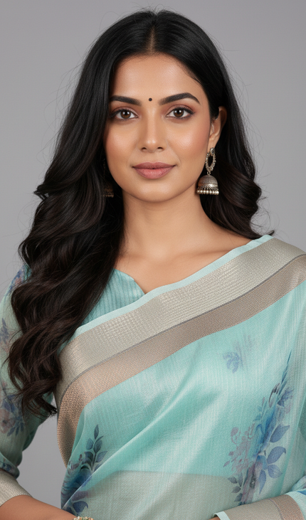 Aqua Blue Designer Organza Tissue Silk Floral Print Saree with Blouse |DS26|