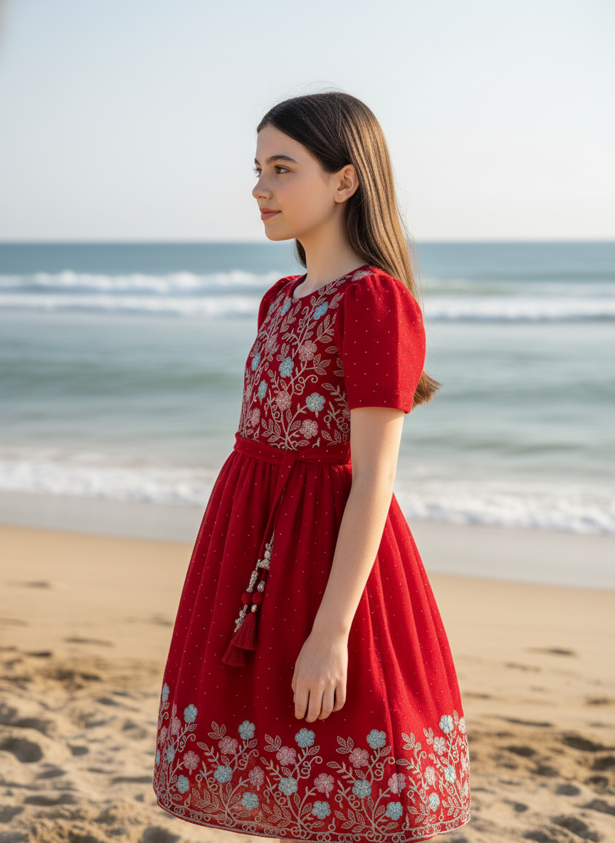 Red Floral  Party Frock For Girls|AS-K11