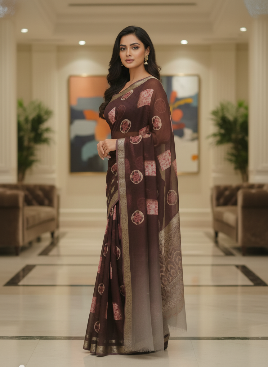 Brown Multicolor Saree with Pattern Print | AS-00117