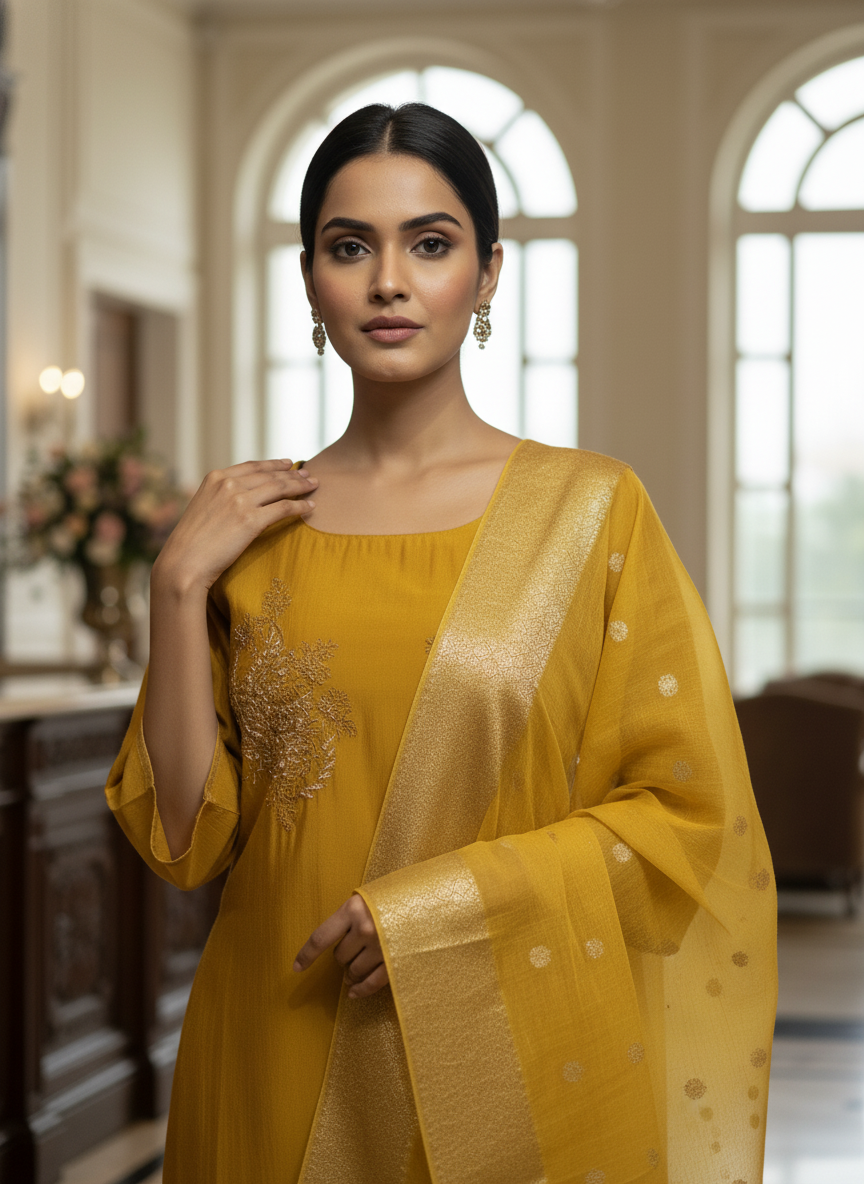 Elegant Mustard Kurta Set with Banarasi Dupatta| AS-00190