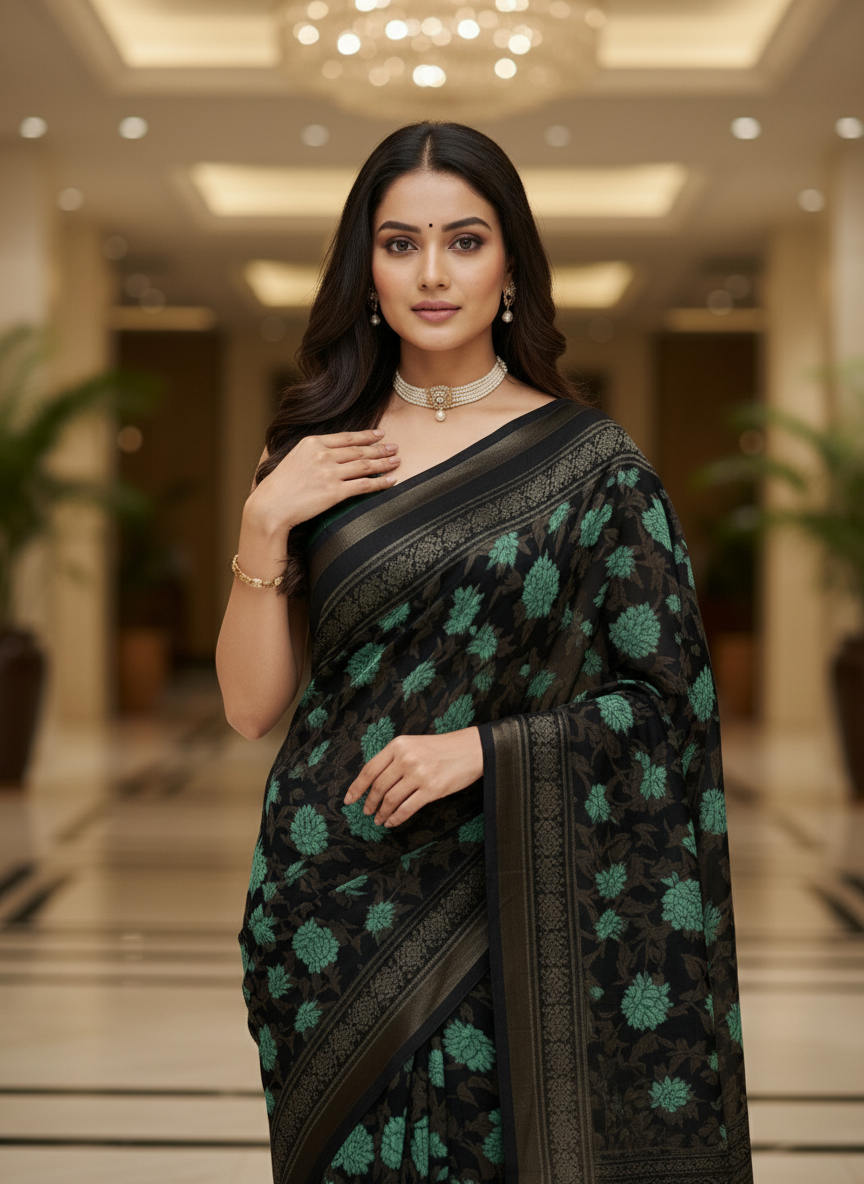 Green Multicolor Saree with Pattern Print | AS-00110
