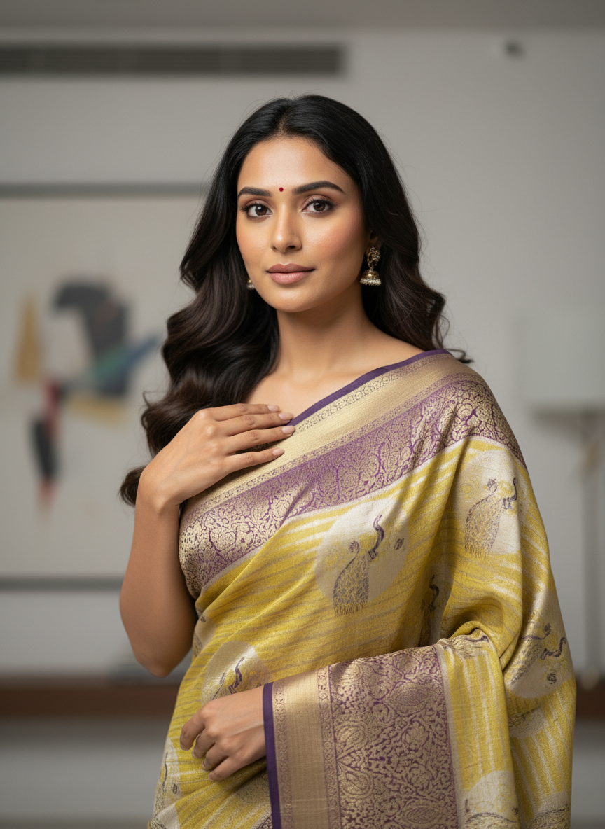 Semi silk Mustard Kanchipuram With Butta Design| AS-00134