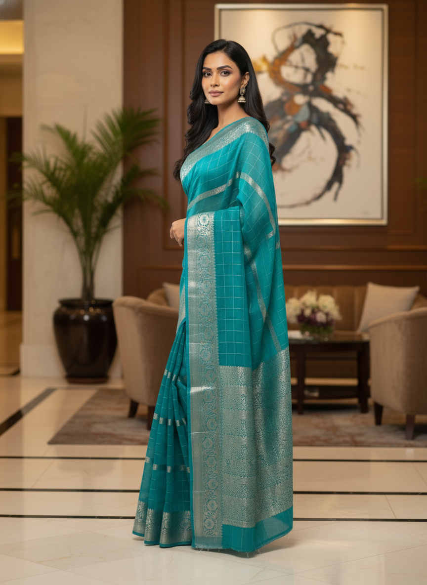 Parrot green  Silk Saree with Woven Border| AS-00242