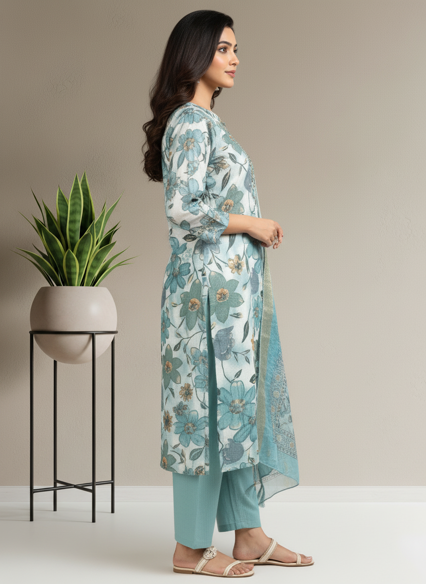 Blue Printed Kurti Set For Women| AS-00200