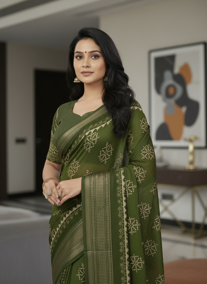 Maroon Floral Printed Chiffon Saree with Border| AS-00103