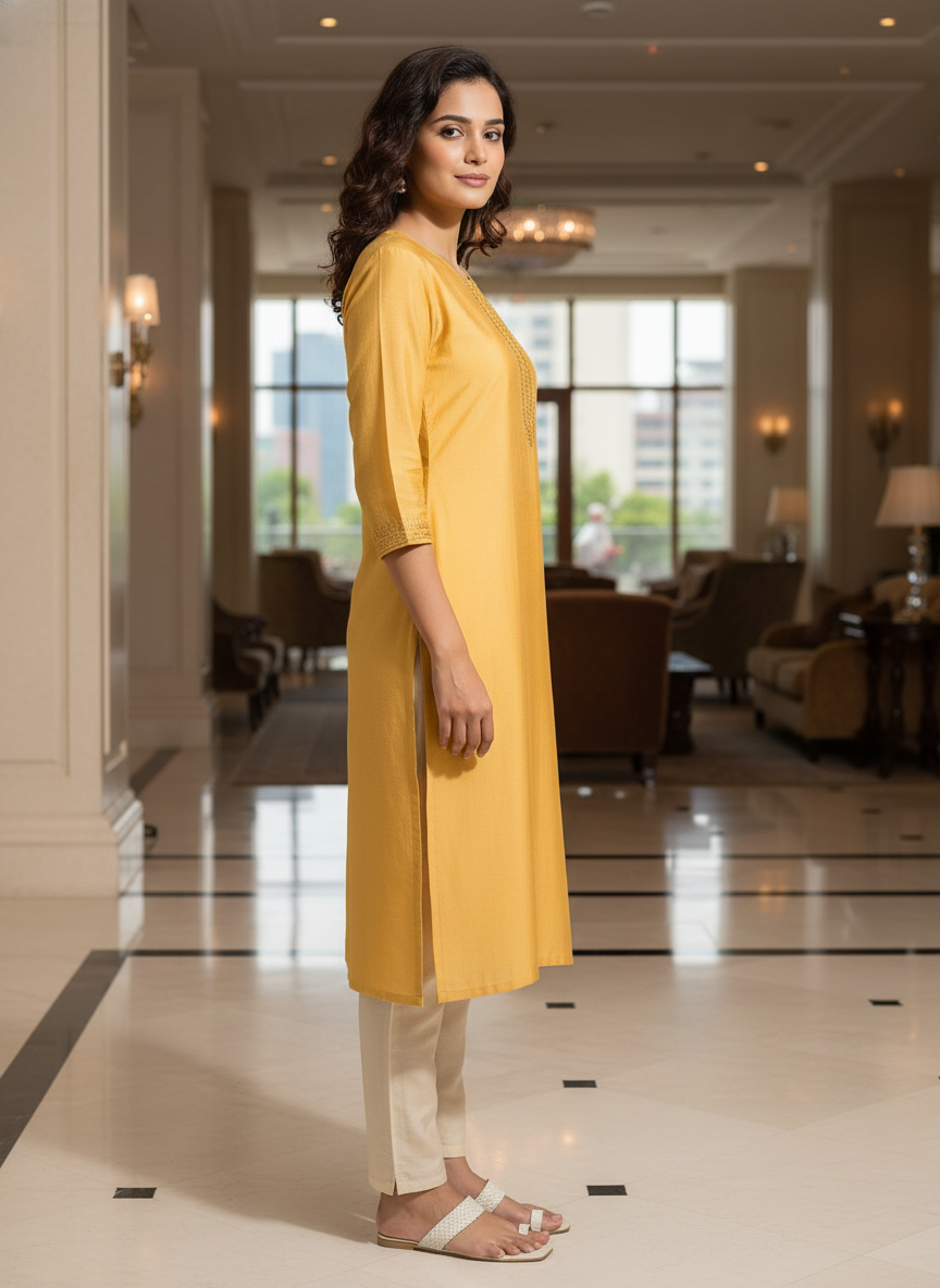 Mustard solid  straight cut kurta | AS-00166
