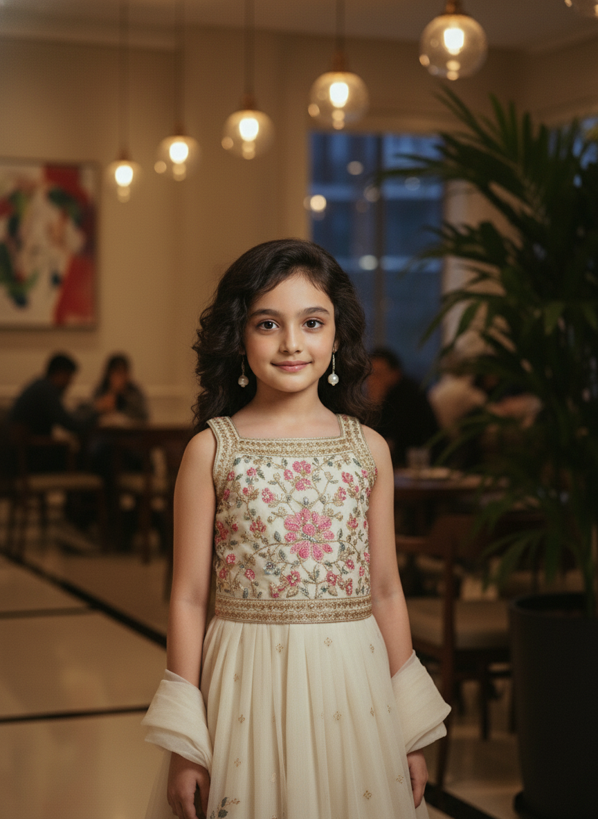 Girls' Cream Floral Anarkali Gown | 3009