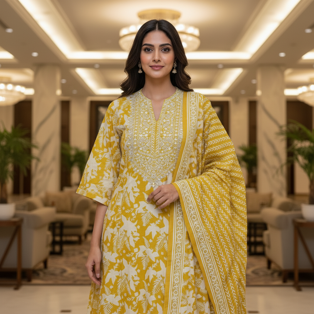 Yellow Cotton Printed Salwar Suit with Dupatta| AS-00172