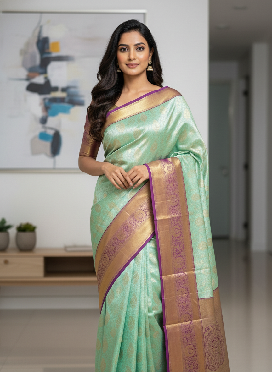 Green Kanchipuram Silk Saree With Butta Design| AS-00144