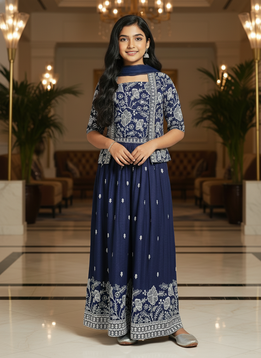 Navy Blue Embroidered Palazzo Set with Dupatta For Girls|AS-K8