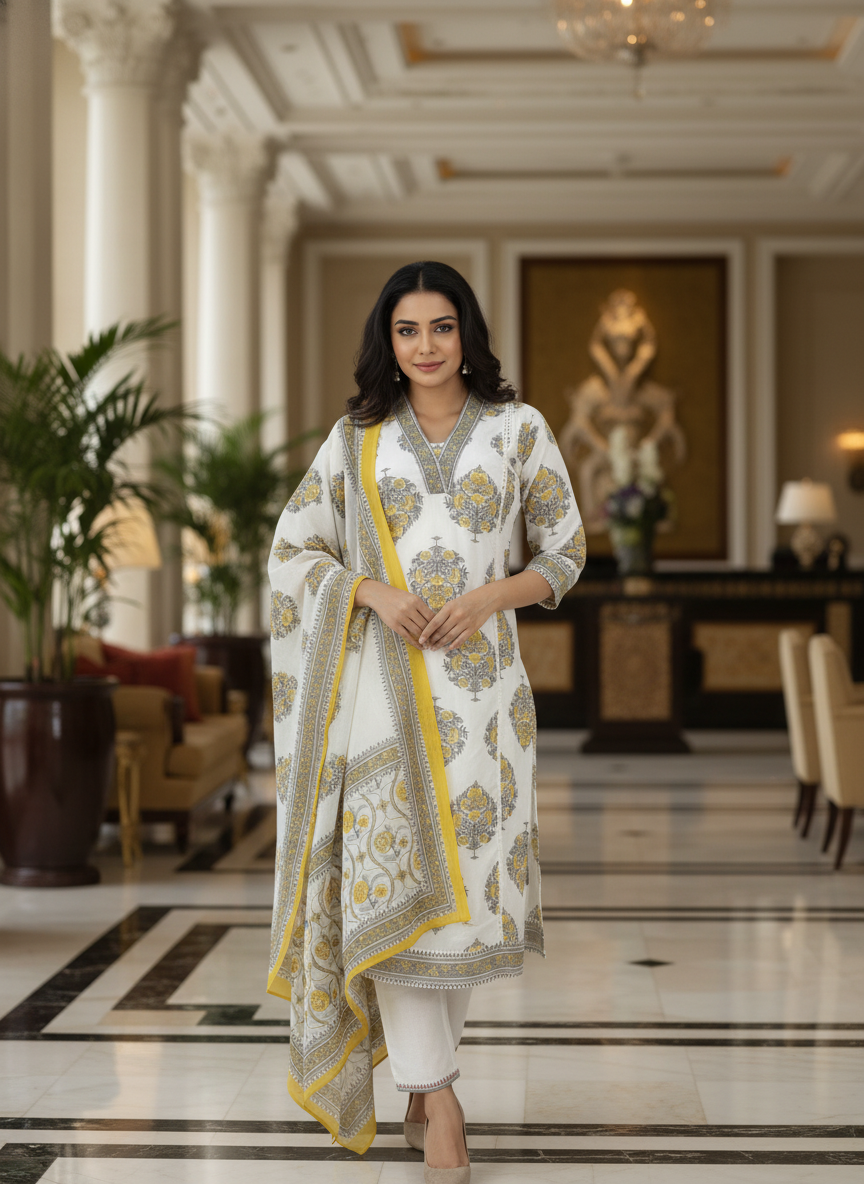White Cotton Printed kurta set with Dupatta| AS-00158