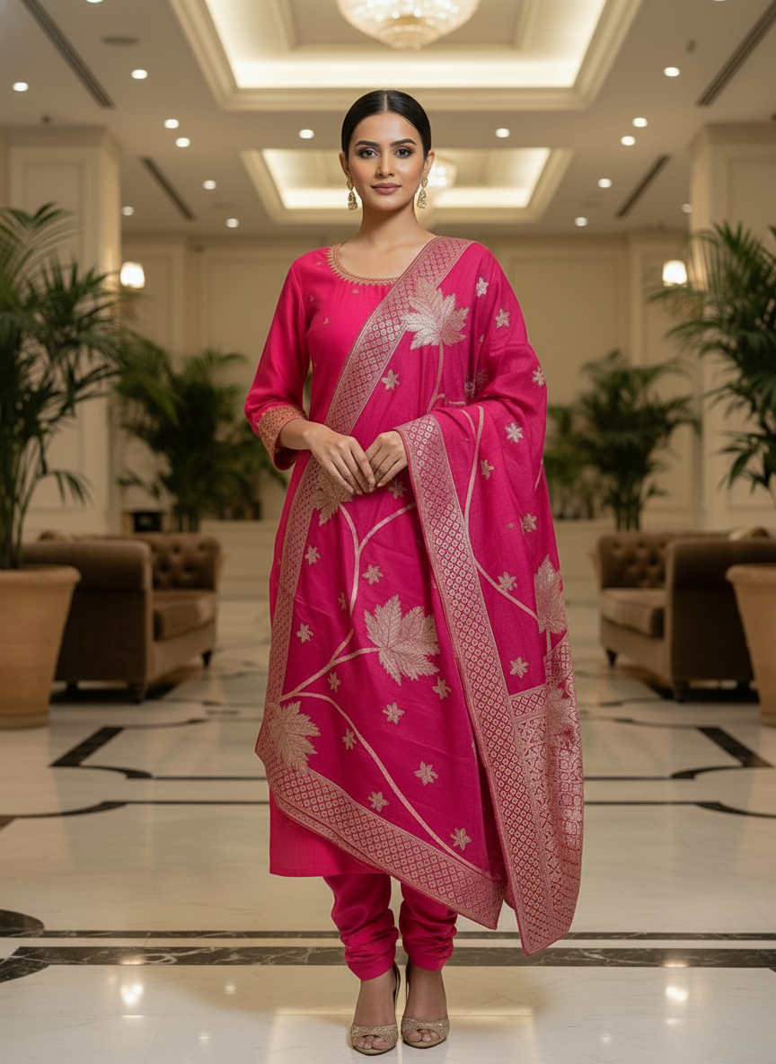 Elegant pink Kurta Set with Banarasi Dupatta| AS-00202