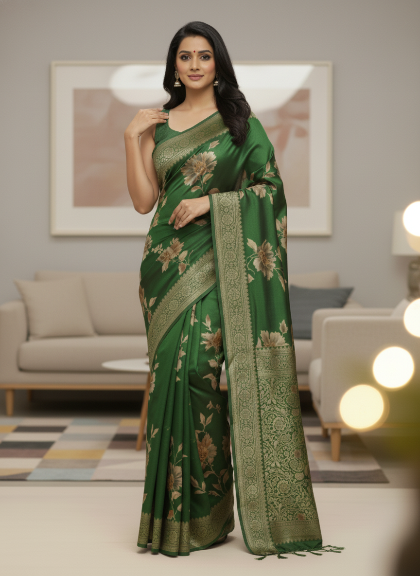 Rani pink  Floral Printed Chiffon Saree with Border| AS-00106
