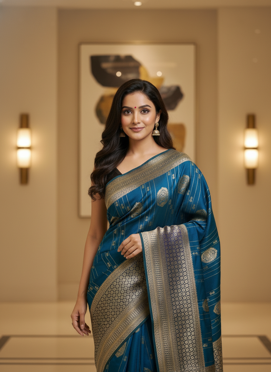 Navy Semi Silk Saree with Woven Border| AS-00247