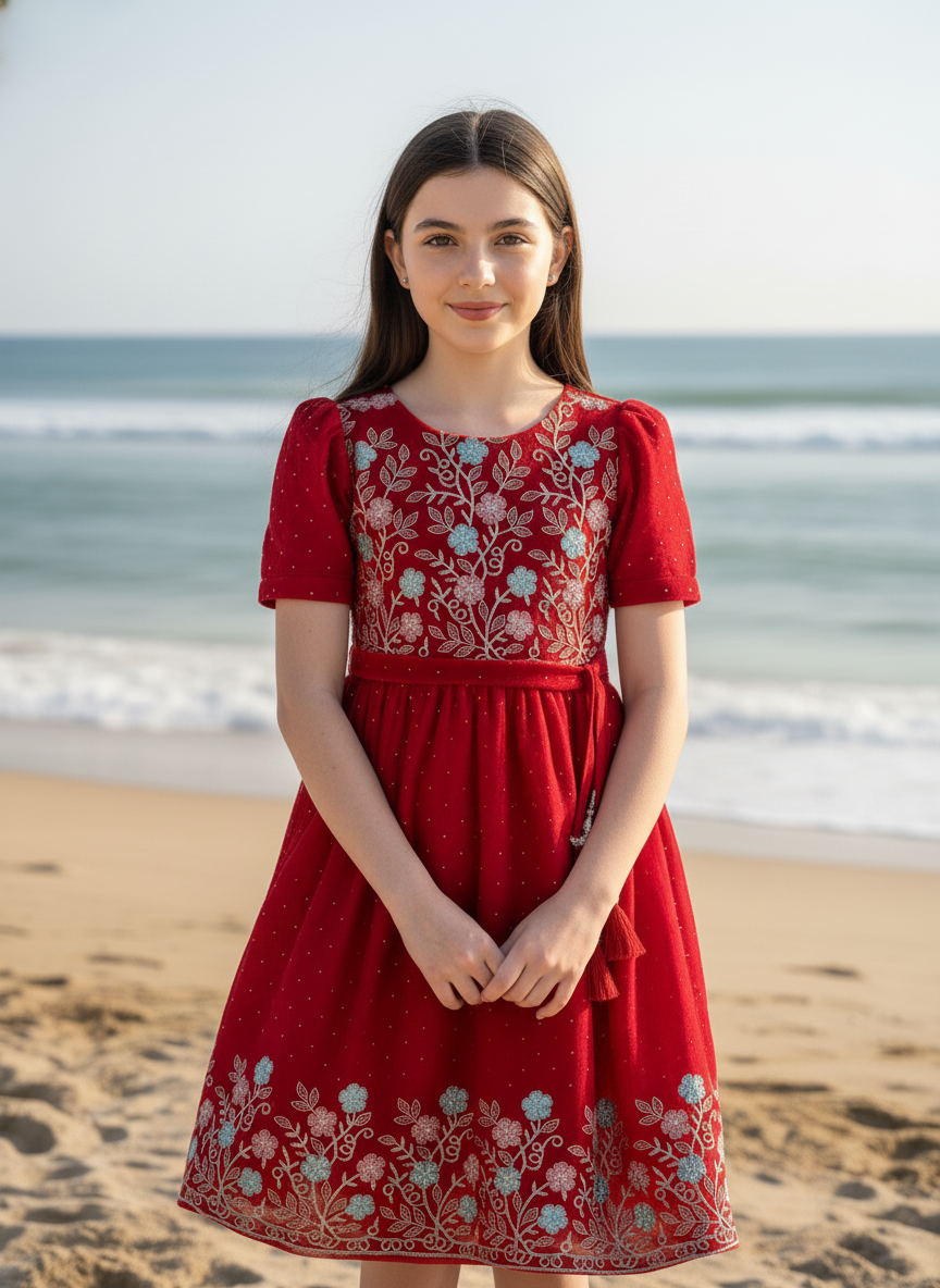 Red Floral  Party Frock For Girls|AS-K11